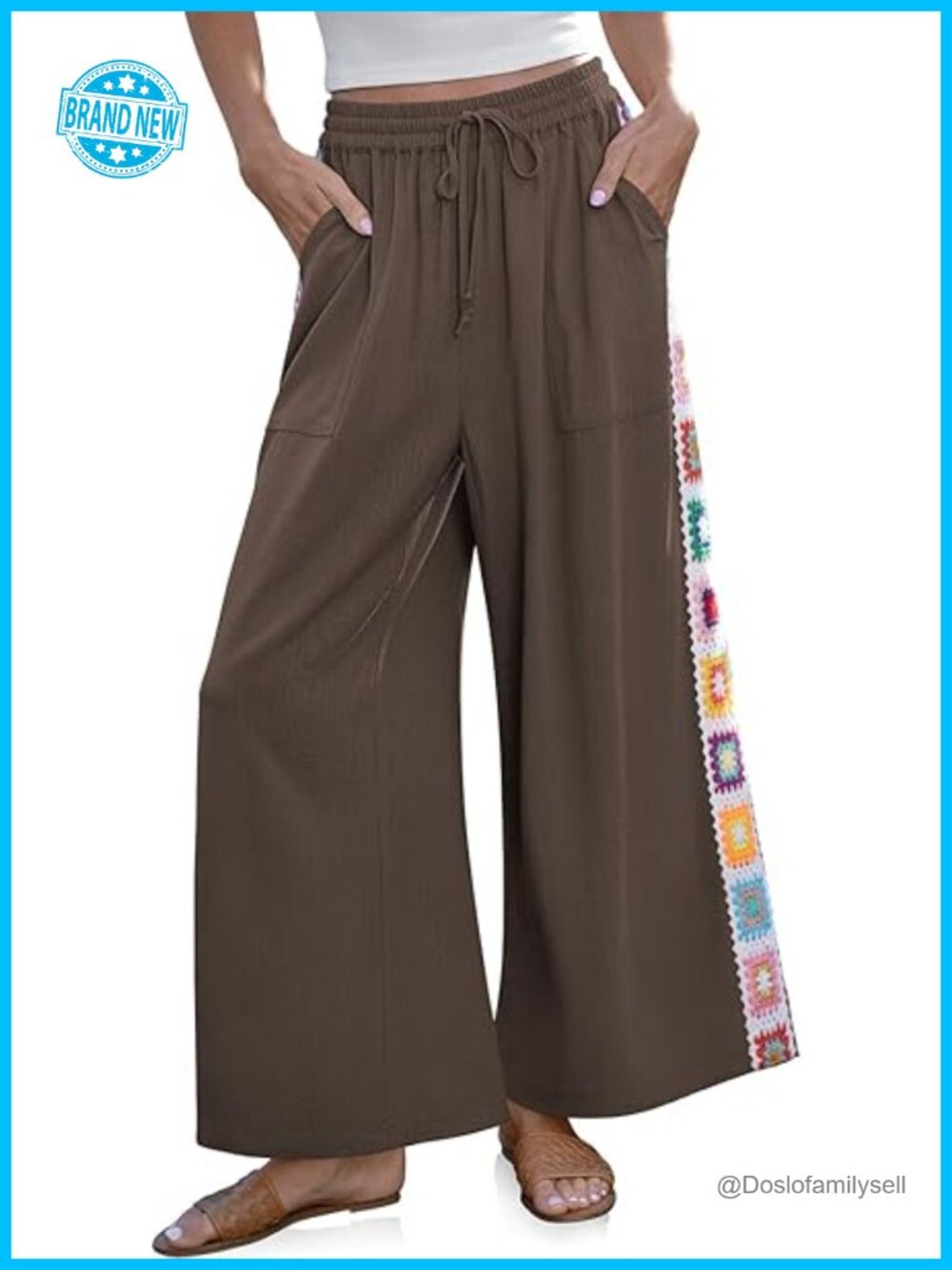 Wide Leg Linen Pants Palazzo Crochet Panel Pockets Drawstring
